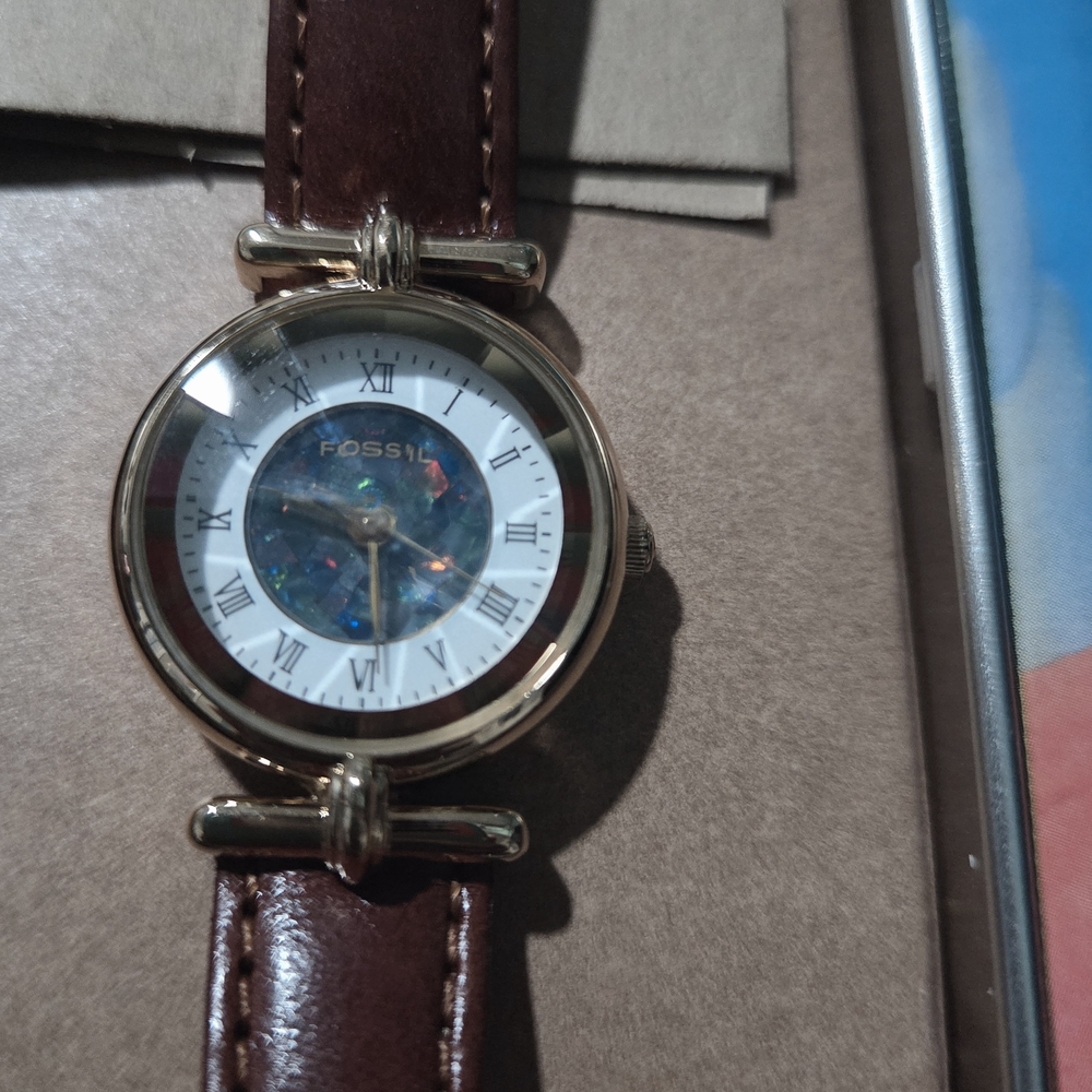 Fossil Watch Women Gold Tone Abalone Dial Brown Band 26mm (Brand New)
